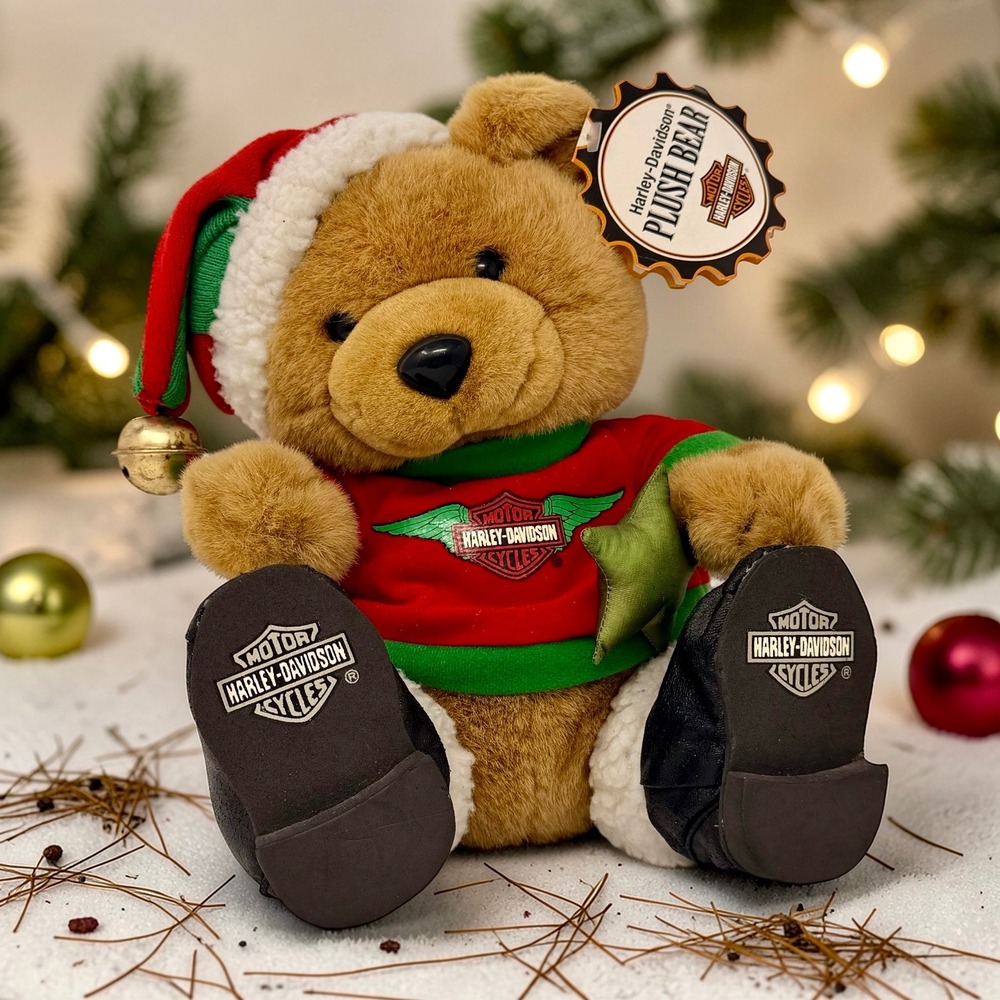 Harley-Davidson Holiday Christmas Plush Bear 11" Santa Hat Biker Boots Red Shirt
